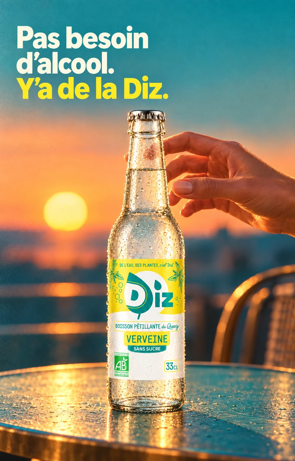 Affiche DIZ Verveine au soleil couchant : Pas besoin d’alcool. Y’a de la Diz.