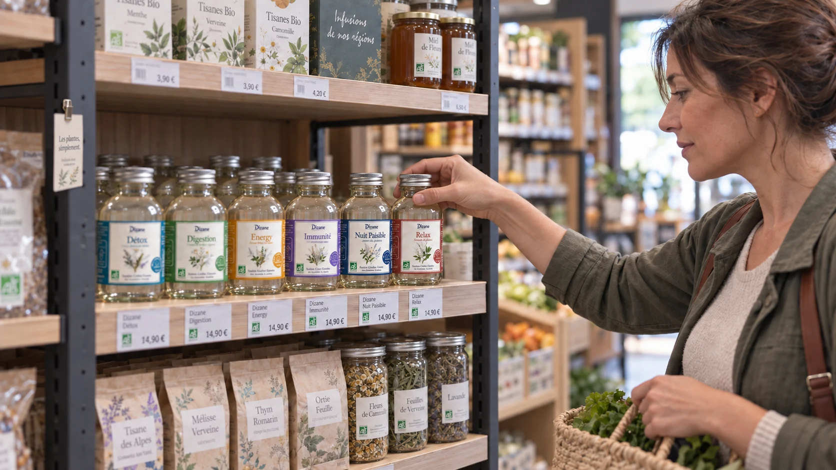 Une cliente découvre les flacons Dizane en magasin